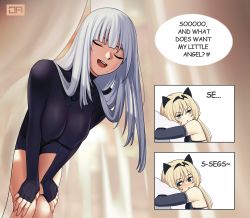 Rule 34 | 2girls, :d, ak-12 (girls&#039; frontline), an-94 (girls&#039; frontline), bent over, black bra, blonde hair, bodysuit, bra, breasts, closed eyes, covered erect nipples, curtains, elbow gloves, embarrassed, english text, engrish text, facing viewer, fingernails, girls&#039; frontline, gloves, grey hair, hairband, hands on own knees, hanging breasts, highres, j adsen, large breasts, leaning forward, long hair, medium breasts, meme, multiple girls, open mouth, ranguage, seggs (meme), signature, smile, underwear, yuri
