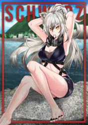 Rule 34 | 1girl, absurdres, animal ear fluff, animal ears, arknights, armpits, arms behind head, arms up, bare legs, bare shoulders, barefoot, black nails, black scarf, black shorts, blue sky, breasts, cat ears, character name, cho-genelu, cleavage, commentary, crop top, day, hair between eyes, hair tie in mouth, highres, long hair, medium breasts, midriff, mouth hold, nail polish, outdoors, scarf, schwarz (arknights), short shorts, shorts, silver hair, sitting, sky, sleeveless, solo, stomach, thighs, toenail polish, toenails, water, yellow eyes