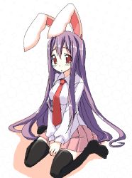 Rule 34 | 1girl, :o, animal ears, between legs, black thighhighs, blush, circle, collared shirt, female focus, full body, hand between legs, kaneru, long hair, long sleeves, looking at viewer, miniskirt, necktie, no shoes, own hands together, pleated skirt, purple hair, rabbit ears, red eyes, red necktie, reisen udongein inaba, shirt, sitting, skirt, solo, thighhighs, touhou, very long hair, wariza, white shirt