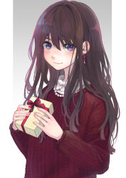 Rule 34 | 1girl, blue eyes, blush, brown hair, closed mouth, earrings, fingernails, gift, gradient background, grey background, hair between eyes, hair over shoulder, heart, heart earrings, highres, holding, holding gift, jewelry, light blush, long bangs, long sleeves, looking at viewer, maria komaki, necklace, nose blush, original, pearl necklace, pillarboxed, pink nails, purple eyes, red ribbon, red sweater, ribbon, smile, solo, sweater, upper body, valentine, white background