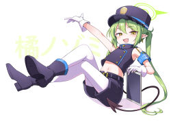 Rule 34 | 1girl, armband, bare shoulders, black hat, black jacket, black tail, blue archive, blue armband, character name, commentary request, crop top, cropped jacket, full body, gloves, green hair, green halo, halo, hat, jacket, long hair, looking at viewer, midriff, navel, nozomi (blue archive), pantyhose, peaked cap, pointy ears, shoe soles, simple background, sleeveless, sleeveless jacket, solo, tail, twintails, white background, white gloves, white pantyhose, yellow eyes, zaxwu