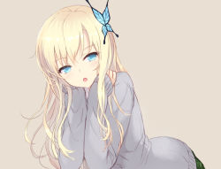 Rule 34 | 10s, 1girl, :o, blonde hair, blue eyes, blush, boku wa tomodachi ga sukunai, breasts, bug, butterfly, butterfly hair ornament, cait aron, cardigan, head rest, female focus, grey background, hair ornament, bug, kashiwazaki sena, large breasts, long hair, looking at viewer, open mouth, school uniform, skirt, sleeves past wrists, solo