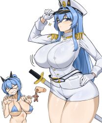 Rule 34 | &gt; &lt;, 1girl, 1other, absurdres, adjusting clothes, adjusting headwear, badge, bikini, blue bikini, blue eyes, blue hair, braid, breasts, cleavage, epaulettes, gloves, goddess of victory: nikke, goma., hair intakes, hand on own hip, hat, headgear, helm (aqua marine) (nikke), helm (nikke), highres, huge breasts, jacket, large breasts, long hair, long sleeves, military hat, military jacket, military uniform, multiple views, naval uniform, peaked cap, ponytail, shorts, shoulder boards, starfish, swimsuit, sword, tearing up, uniform, weapon, white background, white gloves, white jacket, white shorts