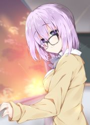 Rule 34 | 1girl, alternate costume, black-framed eyewear, black bow, black bowtie, blurry, blurry background, blush, bow, bowtie, breasts, brown cardigan, cardigan, closed mouth, cloud, collared shirt, commentary request, depth of field, fate/grand order, fate (series), fingernails, glasses, hair between eyes, head tilt, indoors, long sleeves, looking at viewer, looking to the side, mash kyrielight, medium breasts, milkpanda, purple eyes, purple hair, shirt, sky, sleeves past wrists, smile, solo, sunset, white shirt
