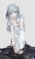 Rule 34 | 1girl, absurdres, bang dream!, bang dream! it&#039;s mygo!!!!!, blue hair, blush, clothes lift, collarbone, dress, dress lift, flower, grey hair, hair ribbon, halo, highres, holding, holding flower, long hair, looking at viewer, off shoulder, open mouth, qtian, ribbon, solo, togawa sakiko, white dress, yellow eyes