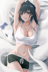 Rule 34 | 1girl, armpits, bare shoulders, black shorts, blue eyes, blue hair, boros (ouro kronii), bra, breasts, cleavage, collarbone, cowboy shot, dolphin shorts, grin, hair intakes, highres, hololive, hololive english, large breasts, looking at viewer, lying, medium hair, midriff, navel, on back, ouro kronii, rekku n, shorts, sleeveless, smile, snake, sports bra, underwear, virtual youtuber, white bra