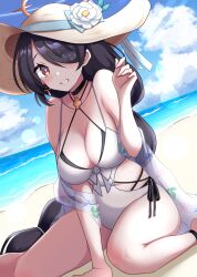 Rule 34 | 1girl, absurdres, bikini, black hair, blue archive, blue sky, blush, braid, braided ponytail, breasts, casual one-piece swimsuit, hair over one eye, hat, highres, hinata (blue archive), hinata (swimsuit) (blue archive), large breasts, ocean, official alternate costume, one-piece swimsuit, pipin try, red eyes, sky, swimsuit