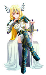 Rule 34 | 1girl, absurdres, armor, bad id, bad pixiv id, blonde hair, boots, bridal gauntlets, crossed legs, fantasy earth zero, female focus, full body, helm, helmet, highres, lips, long hair, mana (blade of mana), red eyes, sitting, solo, sword, thigh boots, thighhighs, very long hair, weapon, white background