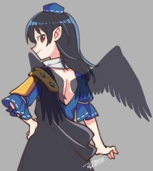 Rule 34 | 1girl, armor, artist name, black cape, black hair, blue hat, cape, dated, female focus, grey background, hair between eyes, hand on own hip, hat, highres, iizunamaru megumu, light smile, looking at viewer, looking to the side, medium hair, pointy ears, red eyes, scarf, shikido (khf), shoulder armor, signature, simple background, smile, solo, tagme, tokin hat, touhou, transparent, wide sleeves, wings