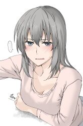 Rule 34 | 1girl, blush, breasts, cleavage, collarbone, elf (stroll in the woods), girls und panzer, grey eyes, grey hair, highres, itsumi erika, long hair, looking at viewer, medium breasts, open mouth, simple background, solo, sweat, white background