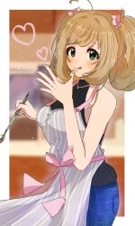 Rule 34 | 1girl, :q, ahoge, apron, bare arms, black sweater, blurry, blurry background, blush, breasts, brown hair, denim, fingernails, grey apron, highres, holding, holding ladle, idolmaster, idolmaster cinderella girls, jeans, ladle, looking at viewer, medium breasts, pants, sato shin, shisanka (mirisuraimu), sleeveless, sleeveless sweater, smile, solo, sweater, tongue, tongue out, twintails