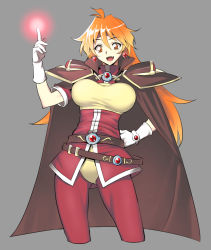 Rule 34 | 1girl, :d, ahoge, alternate breast size, armor, belt, belt skirt, breasts, cape, cowboy shot, cropped legs, earrings, fang, framed breasts, gloves, hand on own hip, headband, jewelry, jonylaser, large breasts, lina inverse, long hair, looking at viewer, matching hair/eyes, open mouth, orange eyes, orange hair, pants, pauldrons, shirt, shoulder armor, slayers, smile, solo, white gloves