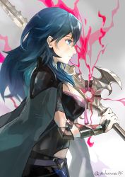 Rule 34 | 1girl, blue eyes, blue hair, byleth (female) (fire emblem), byleth (fire emblem), closed mouth, dagger, fire emblem, fire emblem: three houses, from side, gimkamres04, heroes relic (fire emblem), highres, holding, holding sword, holding weapon, knife, nintendo, sheath, sheathed, simple background, solo, sword, sword of the creator, twitter username, upper body, weapon