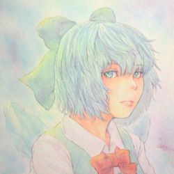 Rule 34 | 1girl, blue hair, bow, cirno, green eyes, hair bow, highres, ice, ice wings, lips, looking at viewer, painting (medium), portrait, short hair, solo, touhou, traditional media, watercolor (medium), wings, yuyu (00365676)