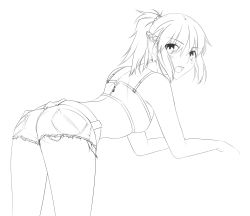 Rule 34 | 1girl, ass, back, bed, belt, bent over, blush, braid, camisole, casual, contemporary, cutoffs, denim, denim shorts, fate/apocrypha, fate (series), flat chest, french braid, green eyes, greyscale, highres, lineart, long hair, monochrome, mordred (fate), mordred (fate/apocrypha), mordred (memories at trifas) (fate), ponytail, scrunchie, shorts, solo, strapless, tube top, tusia