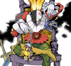 Rule 34 | 3boys, absurdres, boots, chair, clown, colored sclera, commentary request, currynoodle art, digimon, digimon (creature), digimon adventure, evil smile, frills, gloves, highres, charm (object), knee boots, lipstick, makeup, male focus, metalgarurumon, multiple boys, muscular, neck ruff, piemon, red eyes, scar, scar across eye, scar on face, simple background, sitting, smile, solo focus, sword, tutu, wargreymon, weapon, white gloves, wooden chair, yellow sclera