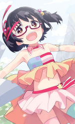 Rule 34 | 10s, 1girl, :d, akagi miria, asymmetrical legwear, bespectacled, black hair, blush, brown eyes, detached collar, glasses, highres, idolmaster, idolmaster cinderella girls, midriff, mismatched legwear, mizu asato, navel, open mouth, outstretched arms, pikapikapop, short hair, smile, solo, spread arms, thighhighs, twintails, two side up