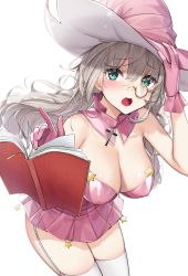 Rule 34 | 1girl, absurdres, bare shoulders, blush, book, breasts, chinese commentary, commentary request, cross, detached collar, dress, fang, floating, floating book, floating object, garter straps, glasses, gloves, green eyes, hand on headwear, hat, highres, large breasts, leaning forward, long hair, open mouth, original, pince-nez, pink dress, pink gloves, pink hat, pleated dress, short dress, silver hair, simple background, skin fang, solo, star (symbol), strapless, strapless dress, tears, thighhighs, wet.elephant, white background, white thighhighs, witch hat, zettai ryouiki