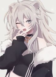 Rule 34 | 1girl, ahoge, animal ears, bare shoulders, black jacket, black shirt, breasts, cleavage, crop top, ear piercing, fang, fujishima02, fur-trimmed jacket, fur trim, grey background, grey eyes, grey hair, hair between eyes, hololive, jacket, jewelry, large breasts, lion ears, long hair, looking at viewer, messy hair, necklace, one eye closed, open mouth, piercing, see-through, see-through cleavage, shirt, shishiro botan, shishiro botan (1st costume), sidelocks, sleeveless, sleeveless shirt, solo, two side up, upper body, virtual youtuber, yawning