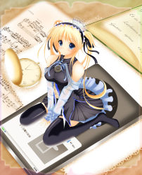 Rule 34 | 1girl, absurdres, bad id, bad pixiv id, bass clef, beamed quavers, between thighs, black thighhighs, blonde hair, blue eyes, book, breasts, detached sleeves, digital media player, dress, frills, headdress, highres, ipod, large breasts, long hair, looking up, musical note, naokida, no shoes, original, personification, pocket watch, product placement, sheet music, shirt, sitting, smile, solo, taut clothes, taut shirt, thighhighs, thighs, treble clef, twintails, v arms, wariza, watch, zettai ryouiki
