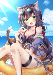 Rule 34 | :o, animal ear fluff, animal ears, bare legs, bikini, bikini top only, black bikini, black hair, blush, bow, bracelet, breasts, cloud, cloudy sky, commentary, day, fang, green eyes, highres, innertube, jacket, jewelry, karyl (princess connect!), karyl (summer) (princess connect!), long hair, looking at viewer, medium breasts, ocean, outdoors, princess connect!, red bow, shanghai bisu, short shorts, shorts, sidelocks, sky, solo, sunlight, swim ring, swimsuit, symbol-only commentary, tail, thigh strap, twintails, white hair