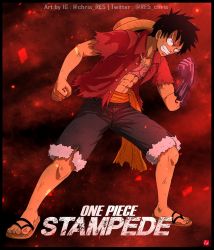 Rule 34 | 1boy, abs, angry, bare pectorals, black hair, blood, blood on hands, chris re5, clenched hands, clenched teeth, constricted pupils, full body, hat on back, male focus, monkey d. luffy, one piece, one piece: stampede, open clothes, open shirt, pectorals, red background, sandals, scar, scar on chest, shorts, signature, solo, teeth