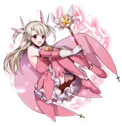 Rule 34 | 1girl, boots, elbow gloves, fate/kaleid liner prisma illya, fate (series), feather hair ornament, feathers, floating, gloves, hair ornament, highres, holding, holding wand, illyasviel von einzbern, bridal garter, long hair, magical girl, magical ruby, prisma illya, red eyes, solo, thigh boots, thighhighs, two side up, wand, white gloves, ycco (estrella)