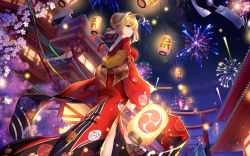 Rule 34 | 2girls, aerial fireworks, ahoge, architecture, blonde hair, braid, breasts, building, character request, cherry blossoms, crown braid, east asian architecture, fate/grand order, fate (series), fireworks, floral print, flower, green eyes, hair intakes, hair ribbon, highres, holding, japanese clothes, kimono, lantern, large breasts, long sleeves, looking at viewer, looking back, multiple girls, nero claudius (fate), nero claudius (fate), nero claudius (fate/extra), night, night sky, obi, off shoulder, outdoors, paper lantern, pink flower, purple hair, ribbon, sash, short hair, sky, smile, standing, torii, wide sleeves, yue xiao e, yukata