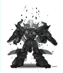 Rule 34 | absurdres, babyj0, highres, looking at viewer, mecha, monochrome, neo granzon, no humans, open hands, robot, science fiction, solo, standing, super robot, super robot wars, super robot wars original generation, white background