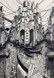 Rule 34 | boat, building, cable, canal, city, graphite (medium), greyscale, highres, ibsukionsen, monochrome, no humans, original, rowboat, scenery, traditional media, watercraft