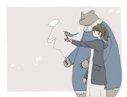 Rule 34 | 1girl, animal, bear, bird, blue sweater, border, brown hair, cigarette, clothed animal, collared shirt, cowboy shot, east sha2, hood, hood down, hooded jacket, jacket, long sleeves, no nose, original, outstretched arm, ponytail, profile, shirt, striped clothes, striped shirt, sweater, white border