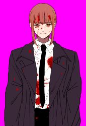 Rule 34 | 1girl, alternate eye color, black jacket, black pants, blood, blood in hair, blood on clothes, blood on face, braid, braided ponytail, brown eyes, brown hair, business suit, chainsaw man, collared shirt, eyelashes, formal, highres, honehonemaaan, jacket, light smile, long hair, long jacket, looking at viewer, makima (chainsaw man), pants, purple background, ringed eyes, shirt, shirt tucked in, smile, suit, white shirt