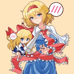 Rule 34 | 2girls, alice margatroid, blue dress, blue eyes, blush, breasts, capelet, chinese commentary, closed mouth, commentary request, dress, eaglov, hair between eyes, hair intakes, hairband, highres, holding, holding weapon, large breasts, multiple girls, pixel art, red hairband, shanghai doll, short hair, simple background, smile, spoken blush, touhou, variant set, weapon, white capelet, yellow background