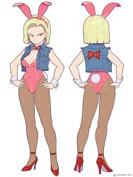 Rule 34 | 1girl, alternate costume, android 18, animal ears, annoyed, ass, blonde hair, blue eyes, bow, bowtie, breasts, commentary, covered navel, denim, denim jacket, detached collar, dragon ball, dragonball z, earrings, fake animal ears, fake tail, full body, hands on own hips, high heels, highleg, highleg leotard, highres, jacket, jewelry, leotard, looking at viewer, medium breasts, pantyhose, pink leotard, playboy bunny, rabbit ears, rabbit tail, red ribbon army, short hair, strapless, strapless leotard, sweatdrop, tail, torn clothes, torn jacket, traditional bowtie, twitter username, white background, wrist cuffs, yonezawa mao
