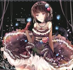 Rule 34 | 1girl, bad id, bad pixiv id, bang dream!, black background, black choker, black hair, blue flower, blue rose, border, breasts, bug, butterfly, butterfly on hand, character name, choker, dress, elbow gloves, flower, frilled dress, frilled gloves, frills, gloves, gothic lolita, hair bun, hair flower, hair ornament, hair up, hairband, insect, jewelry, lace, lace border, lolita fashion, lolita hairband, medium breasts, necklace, ornate border, overskirt, parted lips, pink flower, pink rose, purple eyes, ribbon-trimmed dress, rose, sash, shirokane rinko, single hair bun, smile, solo, taya oco