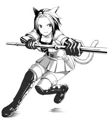Rule 34 | 10s, 1girl, animal ears, boots, breasts, cleavage, final fantasy, final fantasy xiv, greyscale, miqo&#039;te, monochrome, oboro (squeeze), solo, tail, thigh boots, thighhighs, warrior of light (ff14), zettai ryouiki
