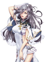 Rule 34 | 1girl, arm behind head, arm up, armor, bare arms, breasts, capelet, chain, clothing cutout, covered navel, cowboy shot, crop top, cross, cross necklace, dress, eyelashes, flower, gorget, grey eyes, grey hair, hair between eyes, hair flower, hair ornament, highres, jewelry, lace, lace-trimmed dress, lace-trimmed skirt, lace trim, large breasts, layered skirt, long hair, looking at viewer, miniskirt, necklace, original, parted lips, pelvic curtain, qi kou, ring, side cutout, simple background, skin tight, skirt, solo, tabard, teeth, veil, white background, white dress, white flower, white skirt