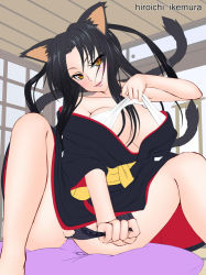 Rule 34 | 1girl, animal ears, artist name, bare shoulders, black hair, black panties, breasts, cat ears, cat tail, cleavage, hair rings, high school dxd, ikemura hiroichi, indoors, japanese clothes, kimono, kuroka (high school dxd), large breasts, lipstick, long hair, makeup, multiple tails, naughty face, off shoulder, open mouth, panties, pillow, purple lips, sitting, slit pupils, smile, solo, tail, underwear, undressing, yellow eyes