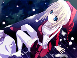 Rule 34 | 1girl, blonde hair, blue eyes, character request, christmas, from above, hat, looking at viewer, ninozen, santa costume, santa hat, scarf, sitting, snowing, solo, source request, thighhighs, white scarf, white thighhighs