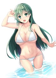 Rule 34 | 1girl, aqua eyes, aqua hair, bikini, breasts, cleavage, collarbone, gin&#039;ichi (akacia), hair ornament, hairclip, highres, kantai collection, large breasts, long hair, looking at viewer, navel, open mouth, partially submerged, side-tie bikini bottom, simple background, solo, standing, suzuya (kancolle), swimsuit, upper body, wading, wet, white background, white bikini