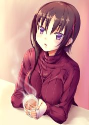 Rule 34 | 10s, 1girl, black hair, blush, breasts, coffee, coffee cup, cup, disposable cup, hagino chiaki, highres, hinako note, holding, holding cup, large breasts, looking away, parted lips, purple eyes, rixch, short hair, solo, steam