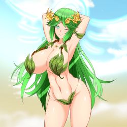 Rule 34 | 1girl, absurdres, armlet, armpits, arms behind head, arms up, bikini, bracelet, breasts, circlet, cleavage, collarbone, cowboy shot, crown, eyelashes, forehead jewel, gem, green eyes, green hair, hair flaps, highres, huge breasts, jewelry, kid icarus, leaf bikini, lips, long hair, looking at viewer, mak0h, navel, nintendo, one eye closed, palutena, parted lips, seductive smile, shiny skin, sky, smile, solo, stomach, swimsuit, very long hair
