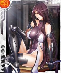 Rule 34 | 00s, 1girl, :d, arm support, arm up, armor, armpits, ass, bare shoulders, between breasts, black footwear, boots, breasts, breasts out, brown hair, card (ex-orange), card (ex-sr), card (medium), choker, collarbone, covered collarbone, covered navel, crossed legs, day, desk, detached sleeves, elbow gloves, female focus, fishnets, floor, from side, fuuma saika, gem, gloves, greaves, hair over one eye, halterneck, hand on leg, high heel boots, high heels, highleg, highleg leotard, hip focus, impossible clothes, indoors, large breasts, legs, leotard, light particles, light rays, lilith-soft, linea alba, lipstick, long hair, looking at viewer, makeup, midriff, mole, mole under mouth, navel, nipples, no bra, official art, on desk, open mouth, orange eyes, painting (action), parted lips, pink lips, portrait, puffy nipples, red eyes, shiny clothes, shiny skin, sidelocks, sitting, on desk, skin tight, smile, solo, straight hair, sunbeam, sunlight, table, taimanin (series), taimanin asagi, taimanin asagi battle arena all card gallery, taimanin asagi kessen arena, thigh boots, thighhighs, tight clothes, turtleneck, underwear, vambraces, very long hair, white background, window, wings, wooden floor, wooden table, zol