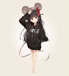 Rule 34 | 1girl, animal ears, animal hat, arm up, barefoot, black hair, black hat, black hoodie, blunt bangs, blush, bow, brown background, closed mouth, clothes writing, collarbone, hair bow, hat, head tilt, highres, hood, hood down, hoodie, long sleeves, looking at viewer, mabuta (byc0yqf4mabye5z), mouse ears, mouse hat, mouse tail, original, purple eyes, red bow, simple background, sketch, smile, solo, standing, striped, striped bow, tail