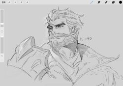 Rule 34 | 1boy, art program in frame, bara, beard, facial hair, graves (league of legends), greyscale, hair slicked back, highres, league of legends, looking to the side, male focus, mature male, monochrome, mustache, muyu (muyu824127), short hair, solo, thick beard, thick eyebrows, thick mustache, unfinished, upper body