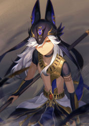 Rule 34 | 1boy, absurdres, animal ears, animal hat, arabian clothes, belt, black choker, black hat, black ribbon, choker, closed mouth, collarbone, commentary request, cyno (genshin impact), dark-skinned male, dark skin, dejio, eyelashes, gem, genshin impact, gold trim, hair over one eye, hat, highres, holding, holding polearm, holding weapon, jackal ears, jewelry, long hair, looking at viewer, male focus, navel, necklace, one eye covered, parted bangs, pelvic curtain, polearm, red eyes, ribbon, sand, serious, short sleeves, sidelocks, solo, standing, stomach, weapon, white hair
