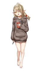 Rule 34 | 1girl, antenna hair, as109, asymmetrical bangs, bare legs, barefoot, bright pupils, brown hair, fangs, full body, hair ornament, hair scrunchie, hairclip, highres, hood, hooded sweater, hoodie, indie virtual youtuber, long hair, looking at viewer, open mouth, original, pointy ears, scrunchie, shui lan er, simple background, single sidelock, sleeves past wrists, solo, standing, stylus, sweater, virtual youtuber, white background, white pupils, yellow eyes