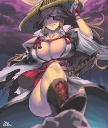 Rule 34 | 1girl, baiken, boots, breasts, cleavage, eyepatch, guilty gear, guilty gear xrd, hat, huge breasts, katana, long hair, looking at viewer, no bra, obui, pink hair, red eyes, smile, solo, straw hat, sword, thighs, weapon