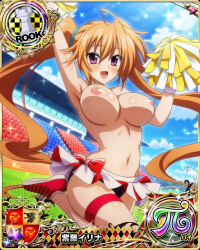 Rule 34 | 1girl, ahoge, blush, breasts, card (medium), cheerleader, female focus, high school dxd, highres, large breasts, long hair, looking at viewer, navel, nipples, nude filter, open mouth, orange hair, pom pom (cheerleading), purple eyes, red footwear, shidou irina, skirt, smile, solo, thigh strap, third-party edit, topless, twintails