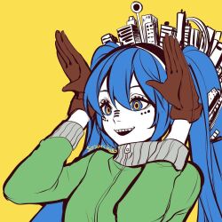 Rule 34 | 1girl, artist name, blue eyes, blue hair, brown gloves, colored skin, facial mark, gloves, green jacket, hair between eyes, hands up, hatsune miku, jacket, long hair, long sleeves, looking ahead, matryoshka (vocaloid), multicolored eyes, open mouth, sasucchi95, smile, solo, teeth, turtleneck, turtleneck jacket, twintails, upper body, upper teeth only, vocaloid, white skin, yellow background, yellow eyes, zipper, zipper pull tab